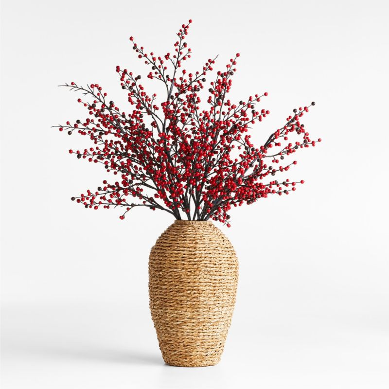 Faux Red Berry Stems in Large Woven Vase 55" | Crate & Barrel | Crate & Barrel