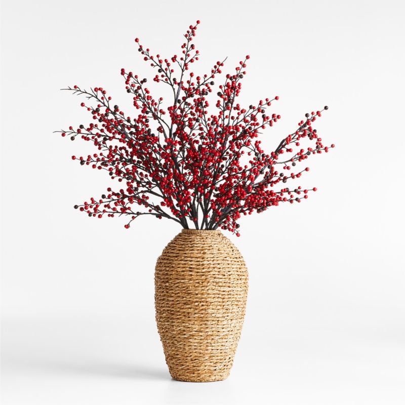 Faux Red Berry Stems in Large Woven Vase 55" | Crate & Barrel | Crate & Barrel