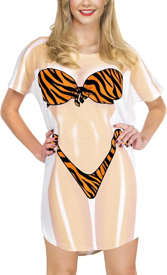 Women's Summer Bikini Shirt Cover Up Short Sleeve Cute Bikini Print Baggy Crew Neck T-Shirt Dress | Amazon (US)