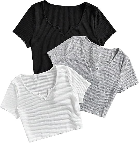 SHENHE Women's Plus Size 3 Packs Basic Ribbed Tees Short Sleeve Notch V Neck Crop Tshirt Tops | Amazon (US)