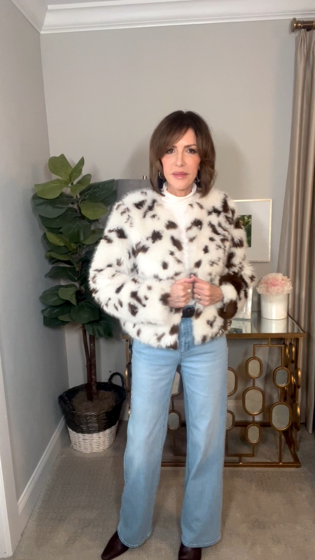 faux fur jacket, cream turtleneck, wide leg jeans, boots, over 50 outfits, holiday outfit, winter outfit 

#LTKootd #LTKOver40 #LTKHoliday