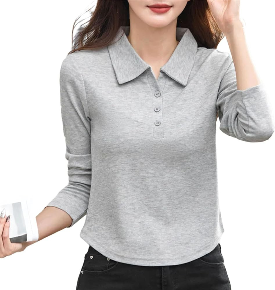 Black Polo Shirt Long Sleeve Plus Size Women Slim Fit Button Office Lady Formal Top | Amazon (US)