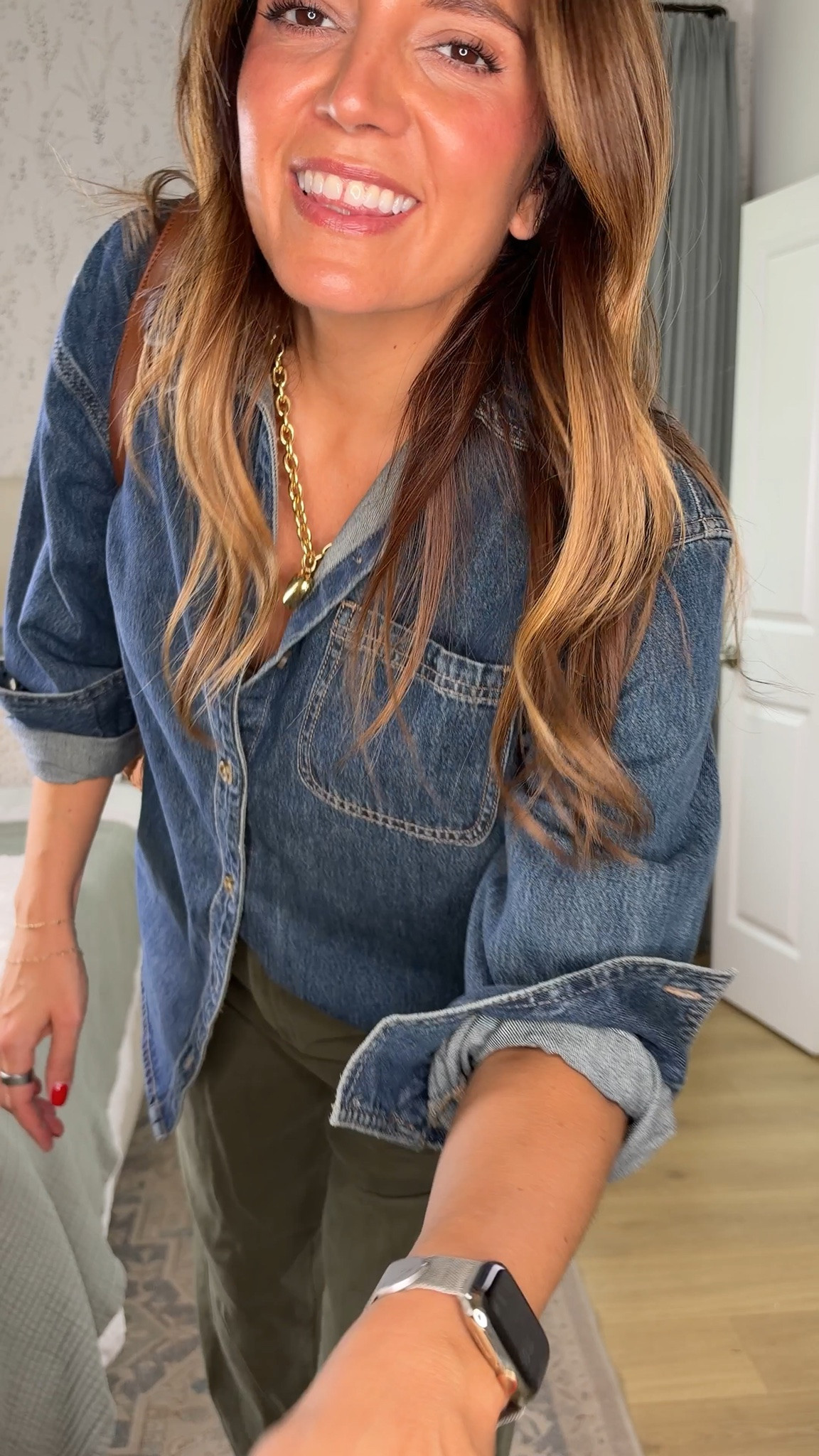 Love this outfit! Size down in the boyfriend denim shirt (in an xs), olive green barrel pants in a size 4. I’m 5’7”

#LTKOver40 #LTKTall #LTKSaleAlert
