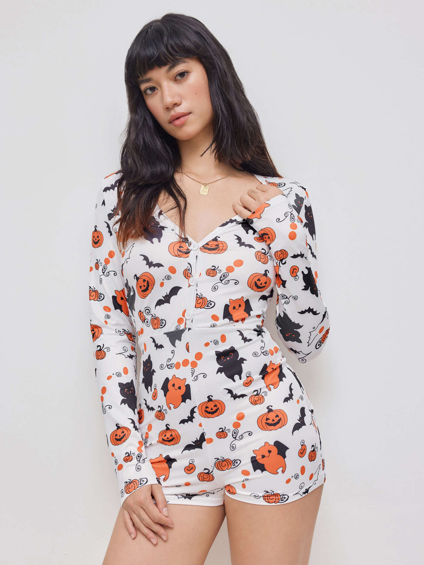 Knit Fabric V-neck Halloween Pumpkin Bat Graphic Lounge Romper For Holiday | Cider