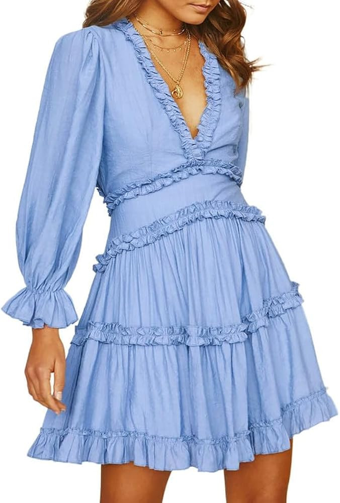 Dokotoo Womens 2024 Summer Spring Deep V Neck Ruffle Long Sleeve Open Back Flowy Mini Dress | Amazon (US)