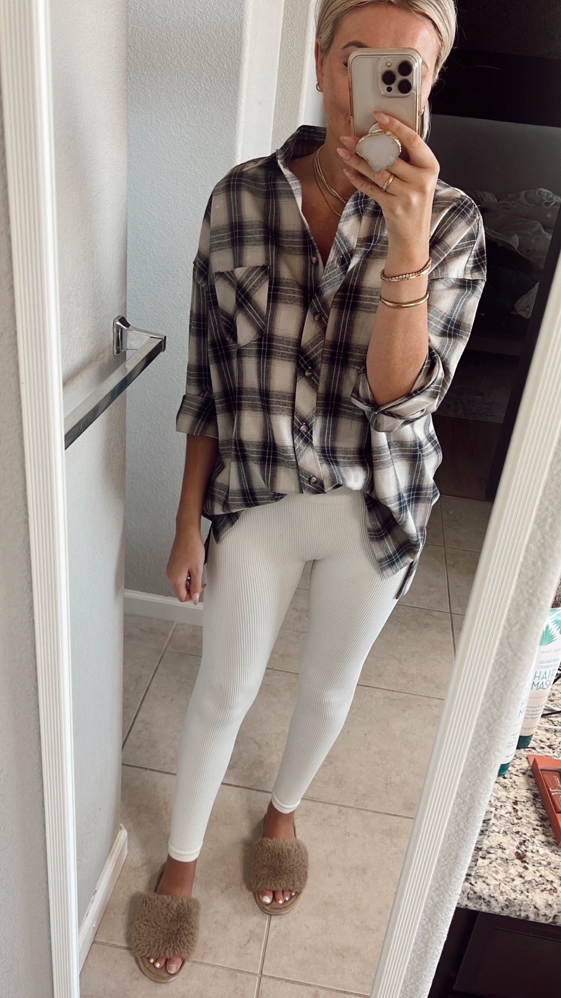 Oversized plaid button down - true to size for an oversized fit and covers the booty 
True to size amazon leggings 
Amazon slippers - my FAV

#LTKSeasonal #LTKfindsunder100 #LTKstyletip