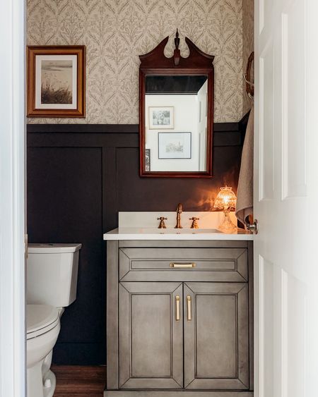 Moody English cottage powder room, half bath with floral wallpaper, gray and marble vanity and brass accents

#LTKfindsunder50 #LTKhome #LTKfindsunder100