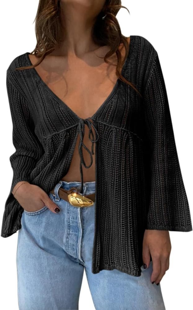 Saodimallsu Womens Summer Lightweight Tie Front Cardigans Crochet Knit Long Bell Sleeve Casual V ... | Amazon (US)