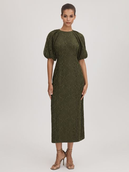 Florere Lace Puff Sleeve Midi Dress | Reiss US