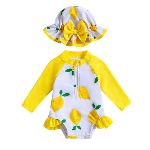 Aimaopao Infant Baby Girls Swimsuit Long Sleeve Zipper Bathing Suit One Piece Swimwear with Hat for Beach Wear (Lemon Yellow, 6-12 Months) | Amazon (US)