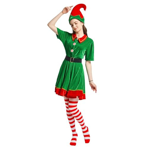 JESOHO Elf Dress for Women Costume,Holiday Hat, Red Striped Stockings, Rubber Band Belt 4-Piece Set (Size：M) | Amazon (US)
