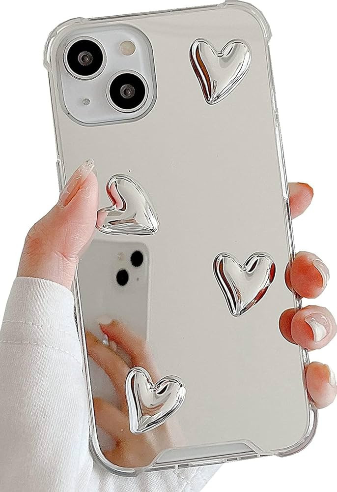 Compatible with iPhone 15 Pro Max case,Mirror Senior Silver Cute Heart Soft Silicone Clear Makeup... | Amazon (US)
