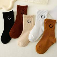 pairs Baby Socks With Smiling Face Pattern Solid Color Childrens MidCalf Socks For Daily Wear | SHEIN