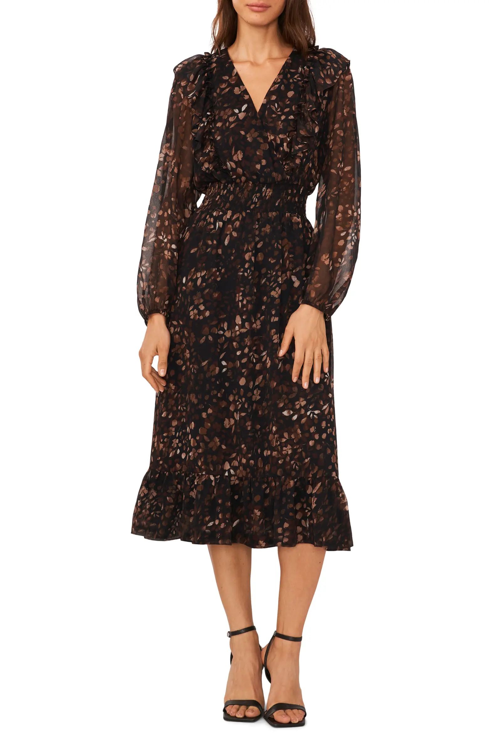 Halogen® Floral Smocked Waist Long Sleeve Midi Dress | Nordstrom | Nordstrom
