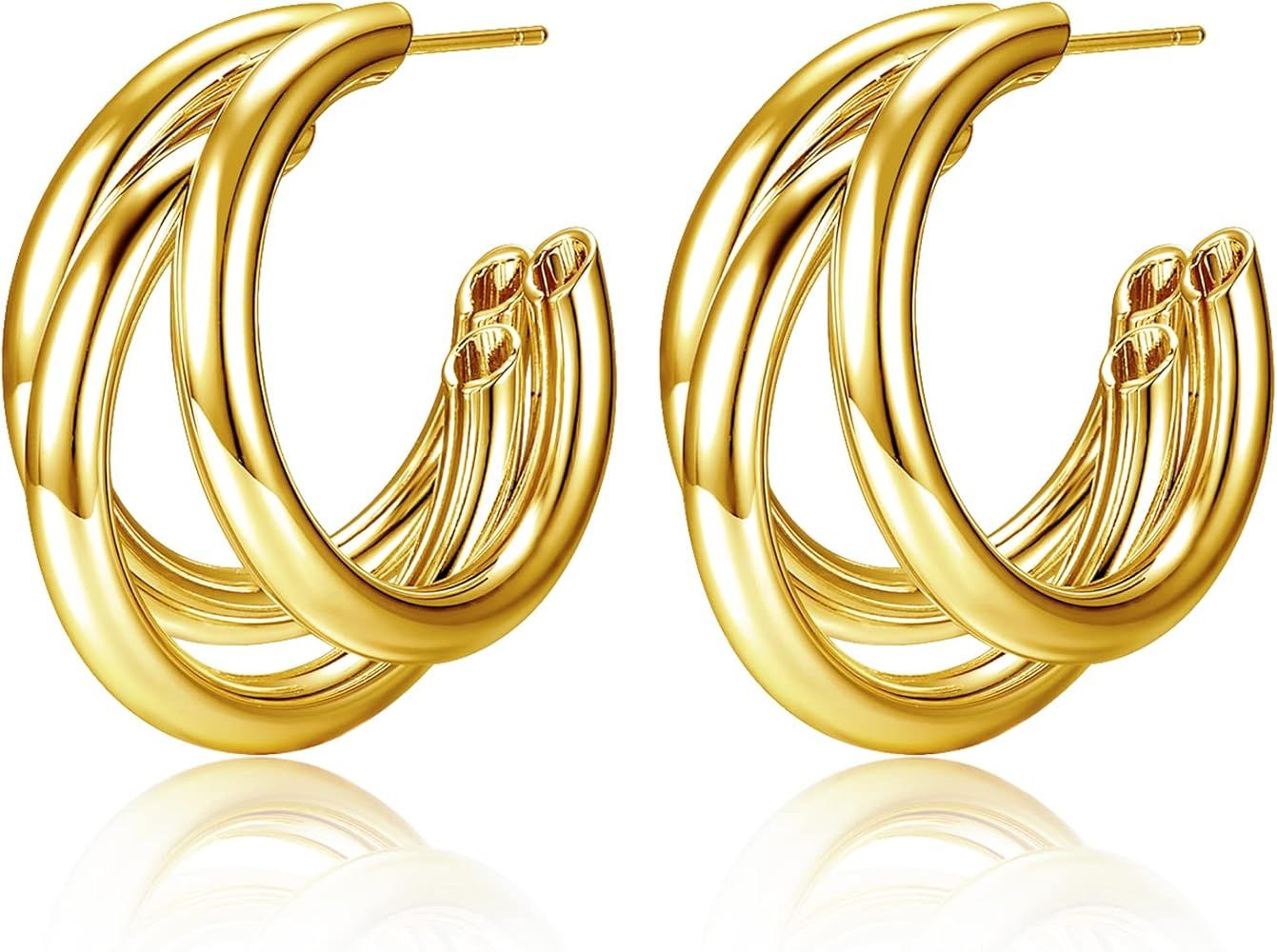 Chunky Gold Hoop Earrings for Women, 14K Gold Plated Triple Hoop Earrings Multi Tube C Thick Hoop... | Amazon (US)