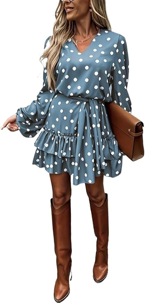 Women Short Dresses Long Sleeve Dot Tie Waist Ruffle Hem Dress | Amazon (US)