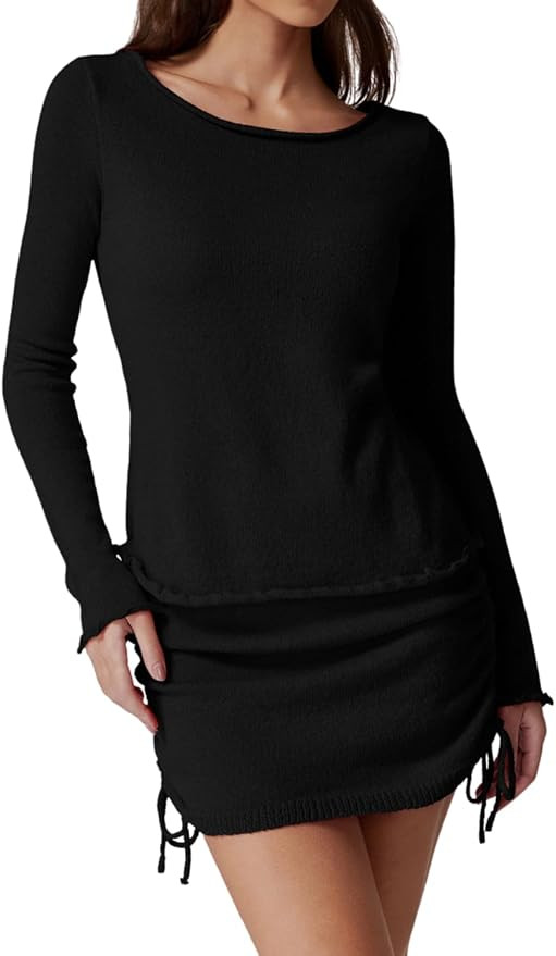 QINSEN Womens Crewneck Lettuce Hem Long Sleeve Knit Top with Drawsting Tie Skirt 2PCS Sweater Set | Amazon (US)