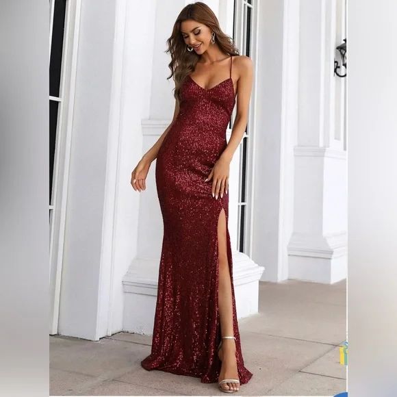 Maroon Sequin Lace-up Back Prom Dress with Slit | Poshmark