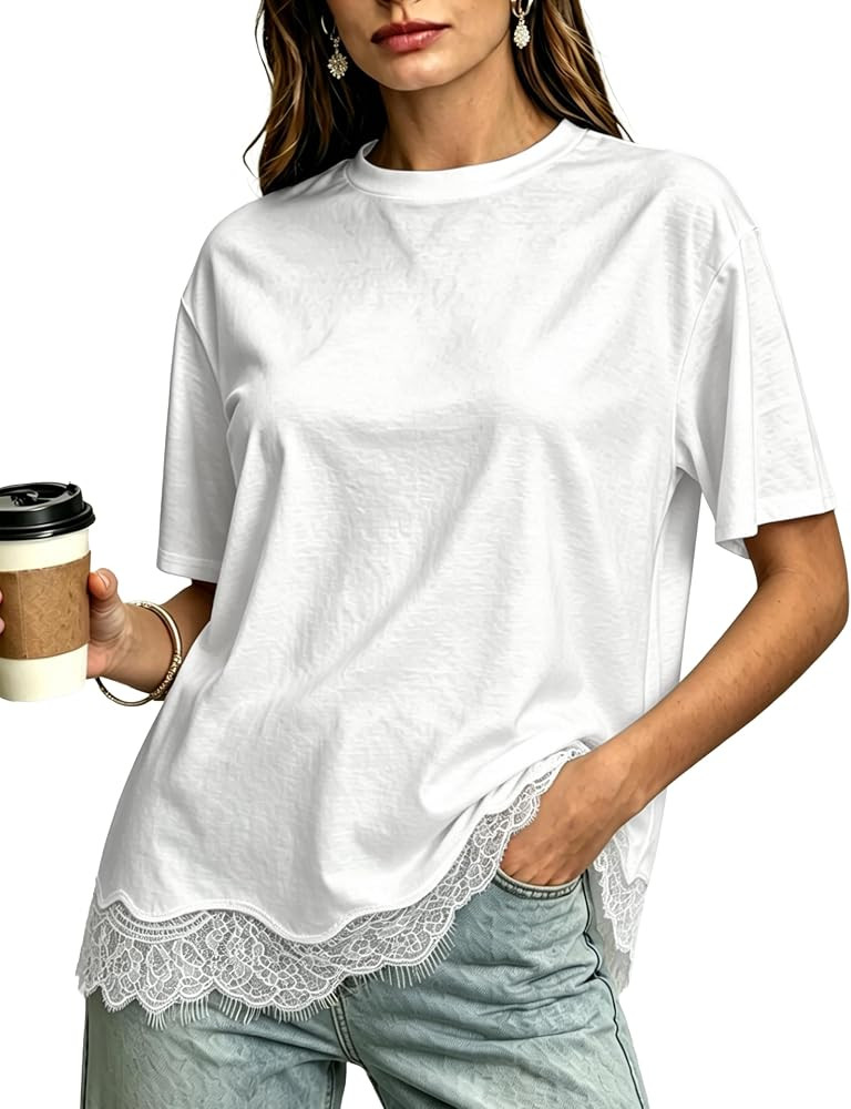 Women Oversized Lace Bottom Trim T-Shirt Drop Shoulder Short Sleeve Casual Summer Daily Top | Amazon (US)