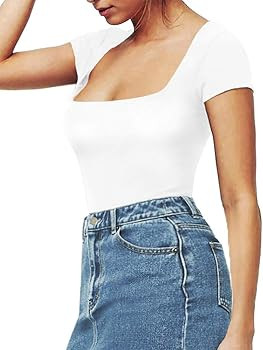 MANGOPOP Women's Square Neck Short Sleeve Long Sleeve Tops Bodysuit Jumpsuit | Amazon (US)