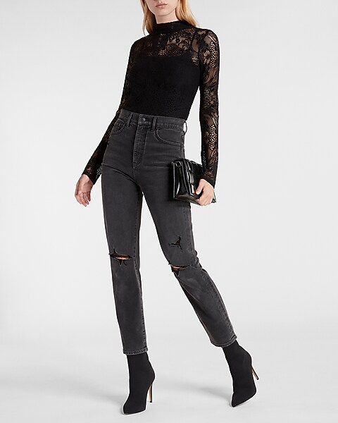 Lace Mock Neck Long Sleeve Top | Express