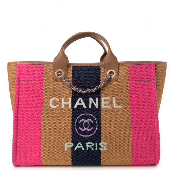 CHANEL Straw Raffia Calfskin Striped Medium Deauville Tote Dark Beige Fuchsia Navy Blue | FASHION... | Fashionphile