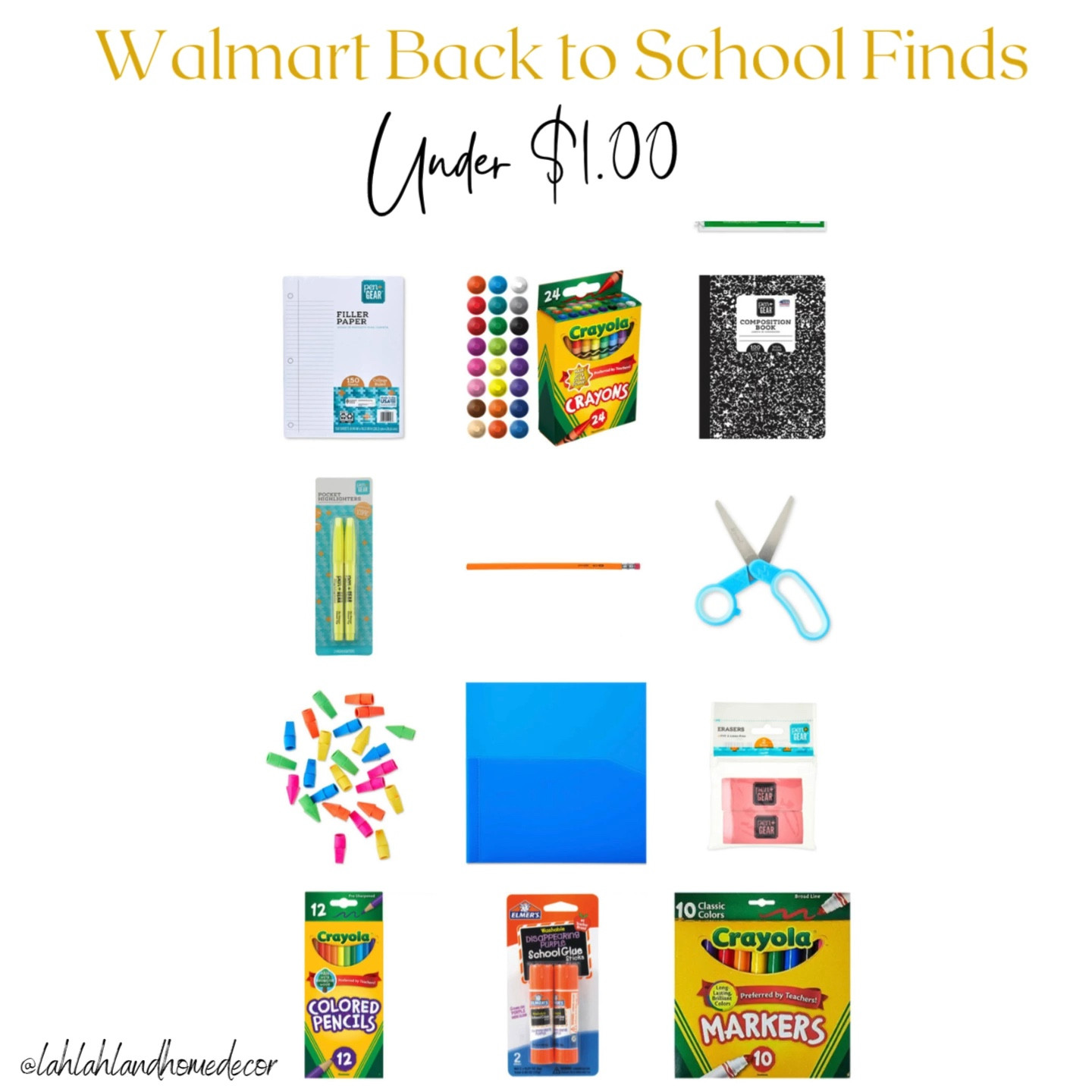 Back to school finds under $1.00! crayons | pencils | markers | highlighters | composition book | scissors | eraser | notebook paper | binder | glue | Walmart back to school #walmartfinds 

#LTKsalealert #LTKBacktoSchool #LTKkids