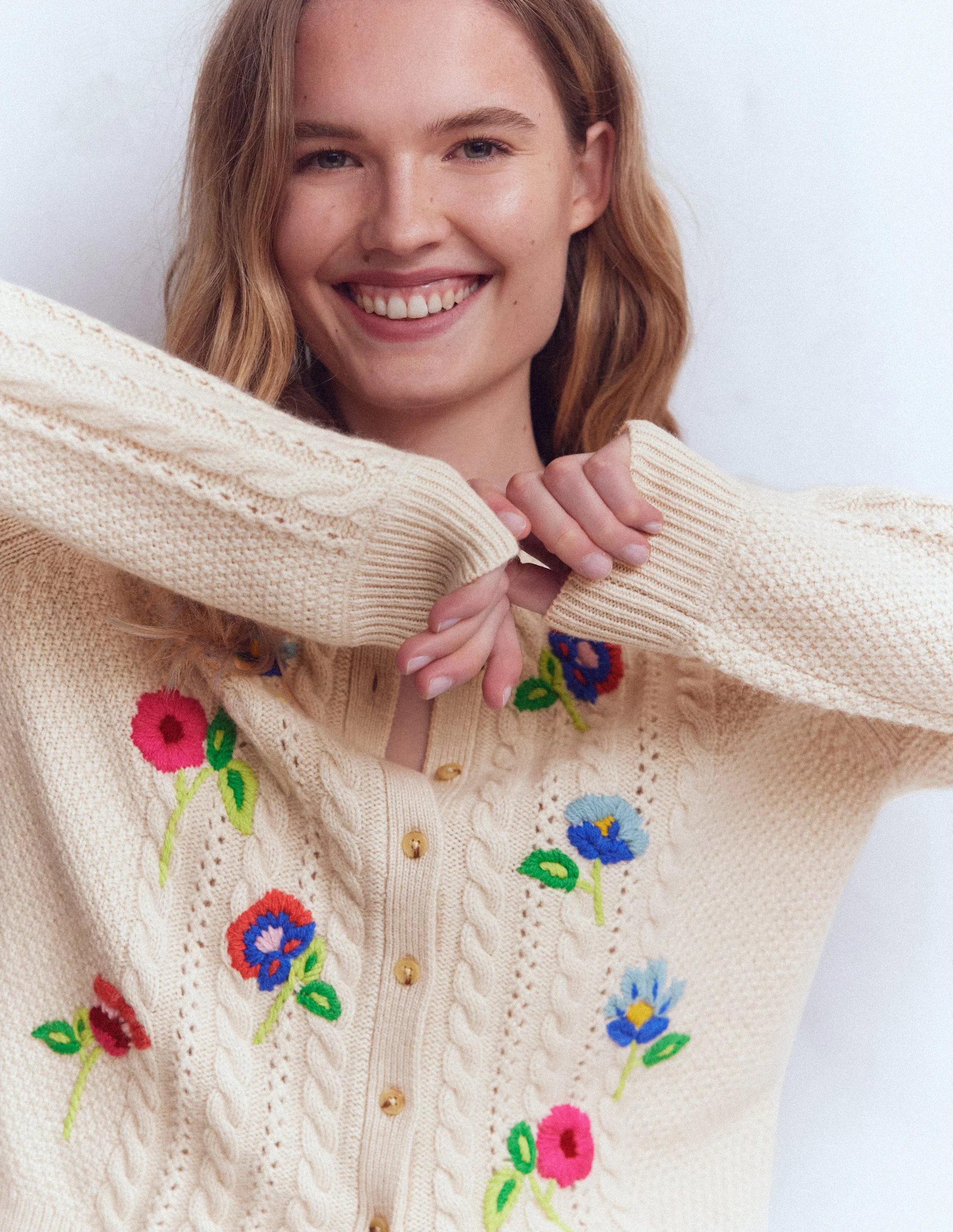 Liv Embroidered Cable Cardigan-Oatmeal Melange | Boden (US)