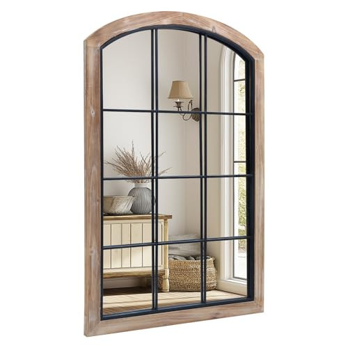 IPOUF Farmhouse Arch Wood Window Mirror, 24X36 Decorative Arch Wall Mirror, Wood Framed Rustic Mirror Metal Inner Frame Wall Decor for Entryway & Living Room,Natural | Amazon (US)