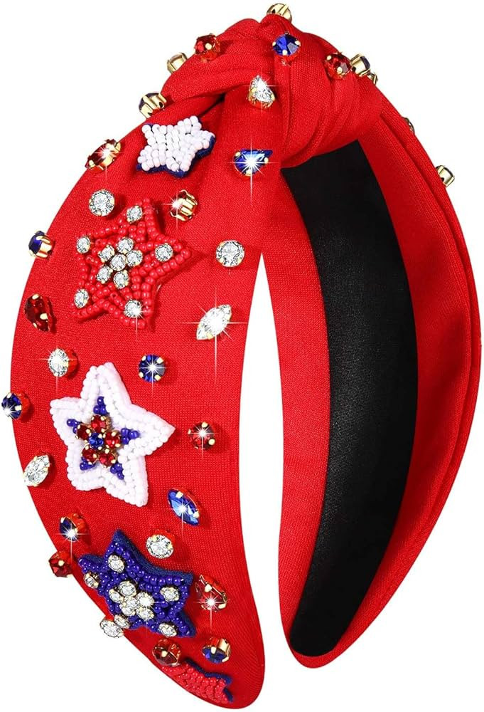NVENF 4th of July Headbands, American Flag Star Headband Pearl Crystal Rhinestone Knotted Headban... | Amazon (US)