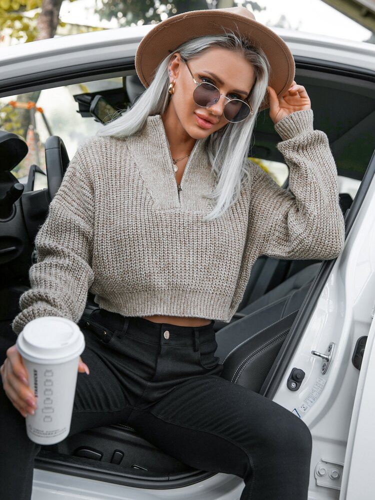 Zip Half Placket Crop Sweater | SHEIN