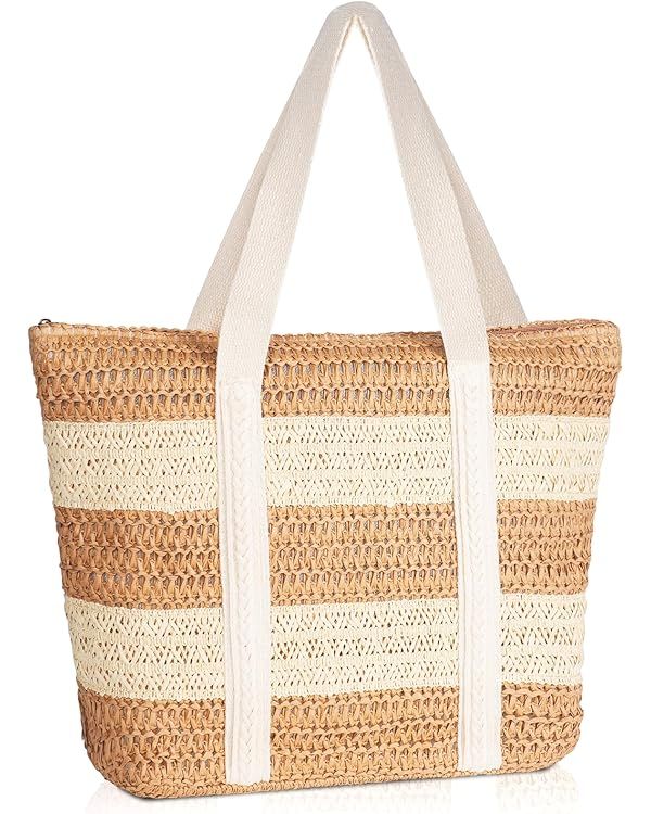 MABROUC Large Straw Beach Bag for women, Wide Stripes Straw Tote Bag, Woven Summer Handbag Should... | Amazon (US)