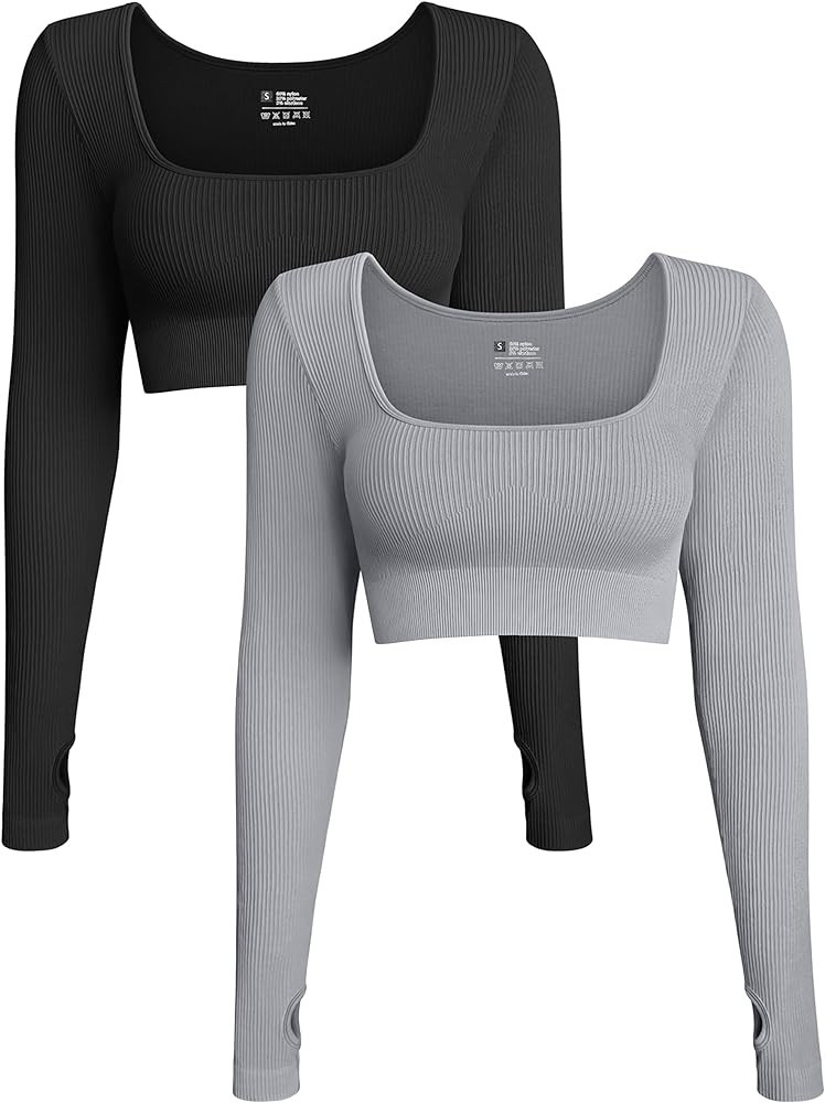 OQQ Women's 2 Piece Crop Top Ribbed Seamless Workout Exercise Long Sleeve Crop Tops | Amazon (US)