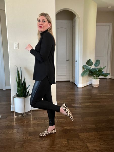 Sleek silhouette! Love the 1/2 faux leather leggings and black mock tunic top. Added fabulous leopard flats . Everything runs true to size. 

#LTKshoecrush #LTKstyletip #LTKtravel