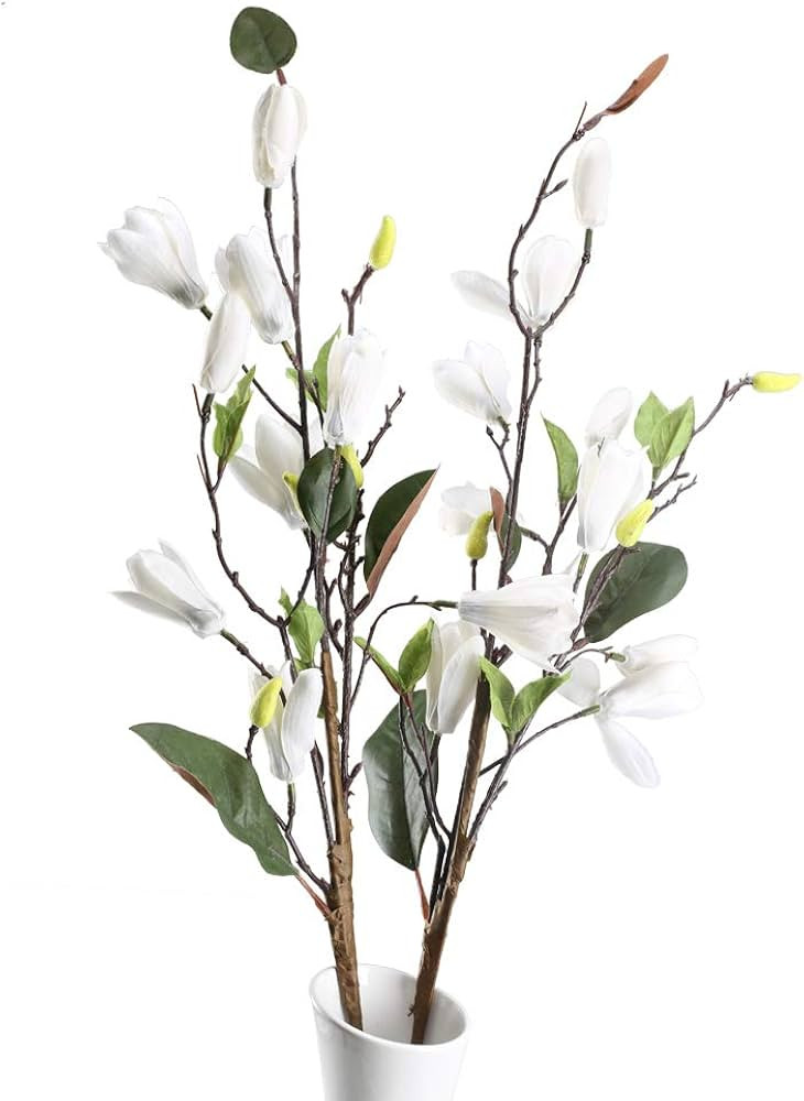 HO2NLE 2PCS Artificial Silk Magnolia Flowers Real Touch Fake Floral Branches Home Garden Restrant... | Amazon (US)