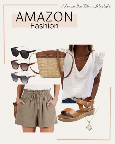 Amazon fashion finds casual spring outfit idea! Summer outfit idea! Travel outfits linen elastic waist shorts, brown strap sandals, straw crossbody purse, white tank top blouse, 3 pack sunglasses! Cute clover necklace! 

#LTKitbag #LTKtravel #LTKshoecrush