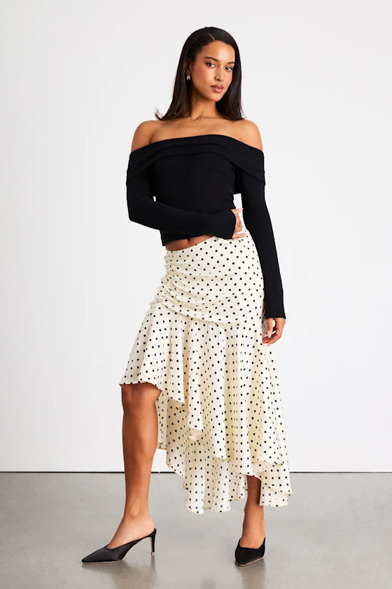 Danita Ivory Polka Dot Asymmetrical Midi Skirt | Lulus