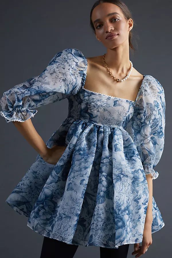 Toile Puff-Sleeved Mini Dress By Selkie in Blue Size 22W | Anthropologie (US)