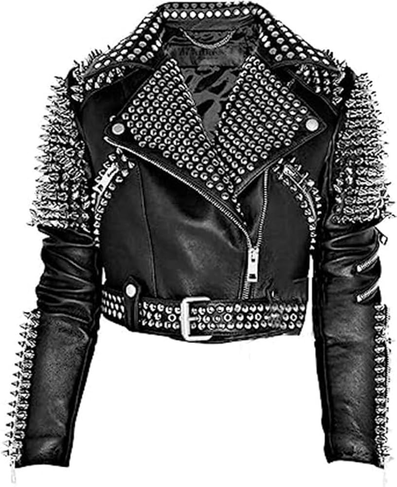 SPAZEUP Womens Brando Rock Punk Jacket Britney Spikes Studded Festival Black Motorcycle Jacket | Amazon (US)