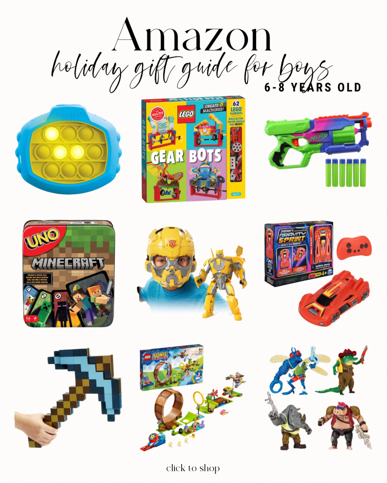 Amazon holiday gift guide for boys age 6-8 years old. Minecraft, nerf guns, cars and more  

#LTKGiftGuide #LTKHoliday #LTKkids