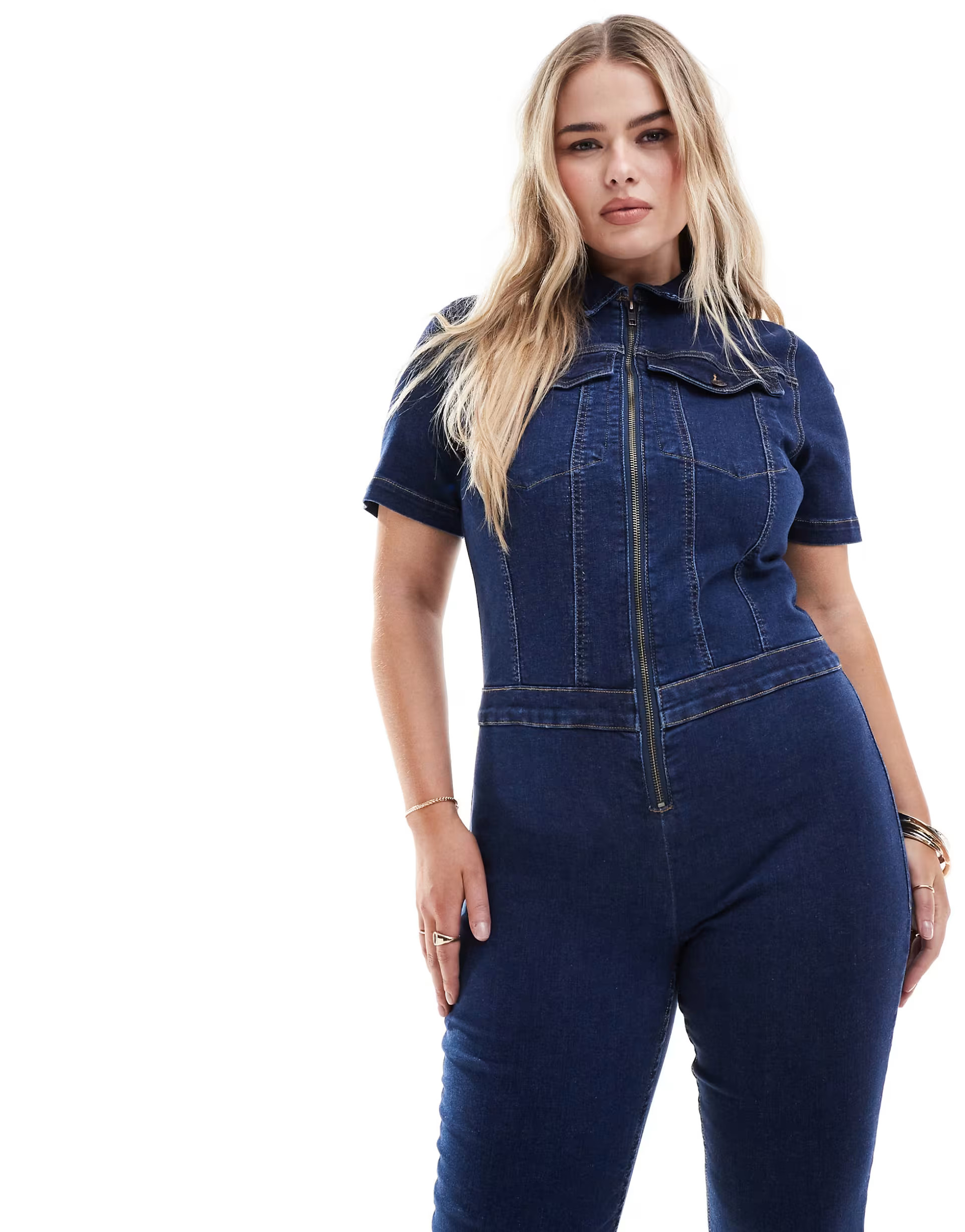 ASOS DESIGN Curve stretch 70s jumpsuit in dark blue | ASOS | ASOS (Global)