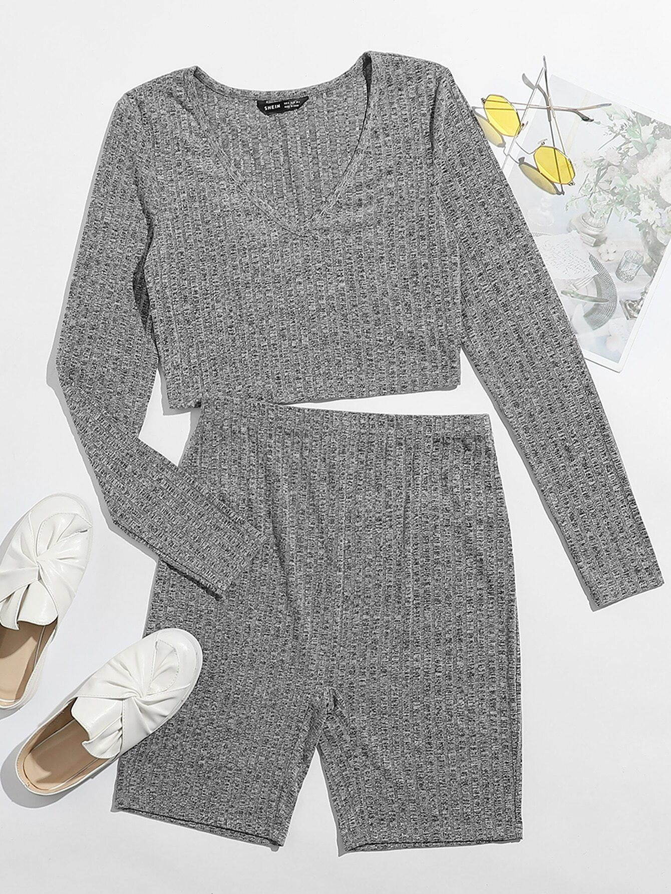 SHEIN Rib-knit Top & Biker Shorts Set | SHEIN