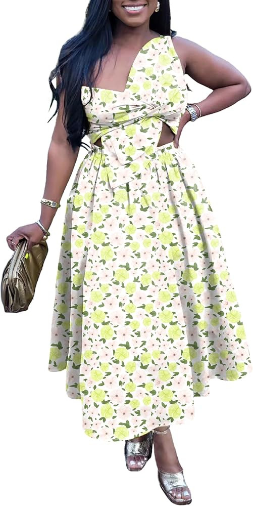 YUEWOO Midi Dresses for Women Casual Summer Sundresses Vacation Outfits Spaghetti Strap Smocked Women Maxi Dress with Pockets | Amazon (US)