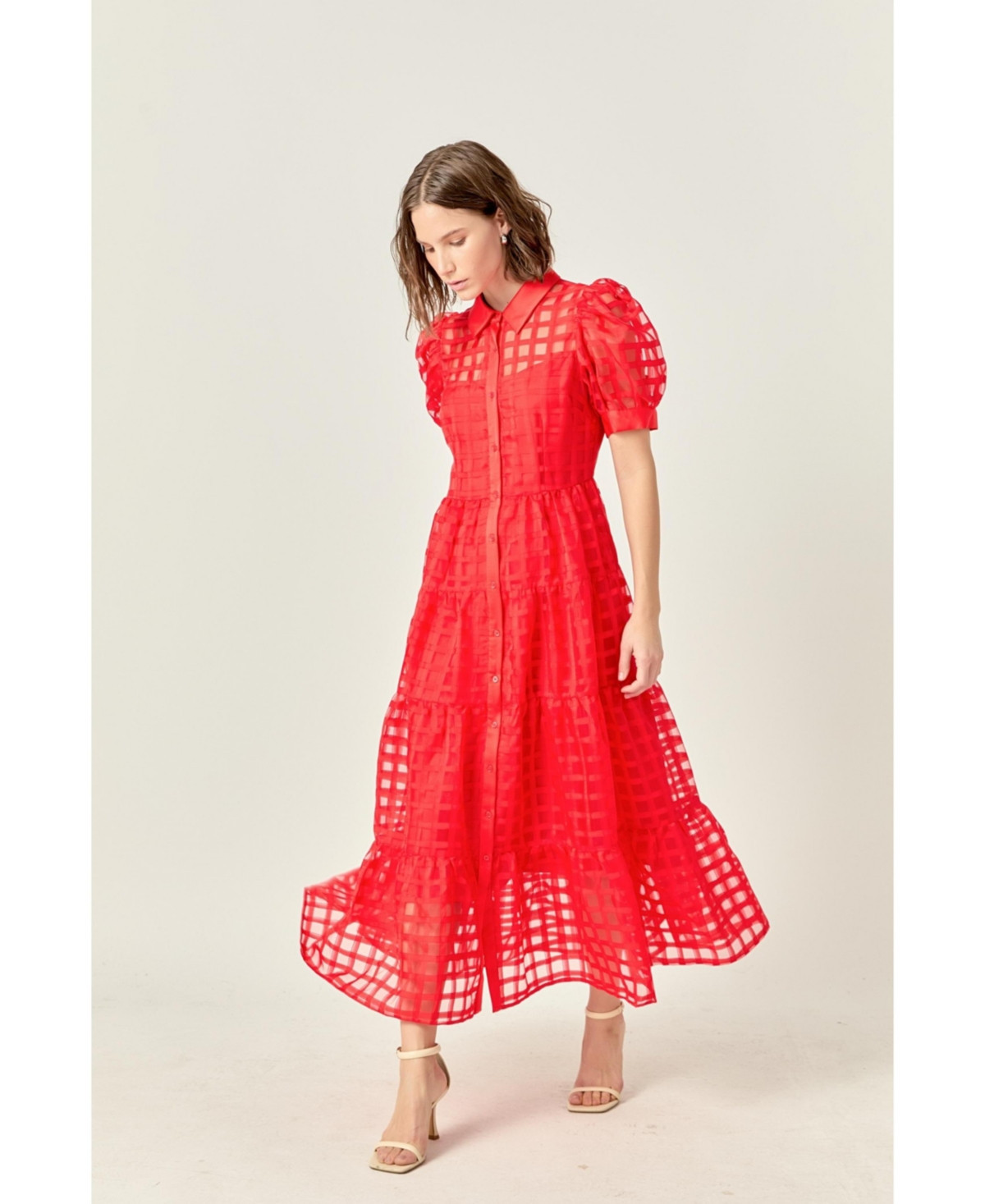 English Factory Women's Gridded Organza Tiered Maxi Dress - Red | Macy's