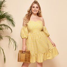 Plus Gingham Cold Shoulder Smocked Back Dress | SHEIN