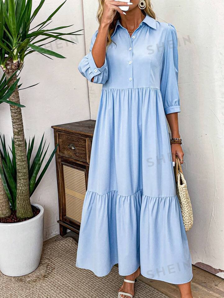 SHEIN LUNE Women's Long Sleeve Button Up Half Placket Dress | SHEIN USA | SHEIN