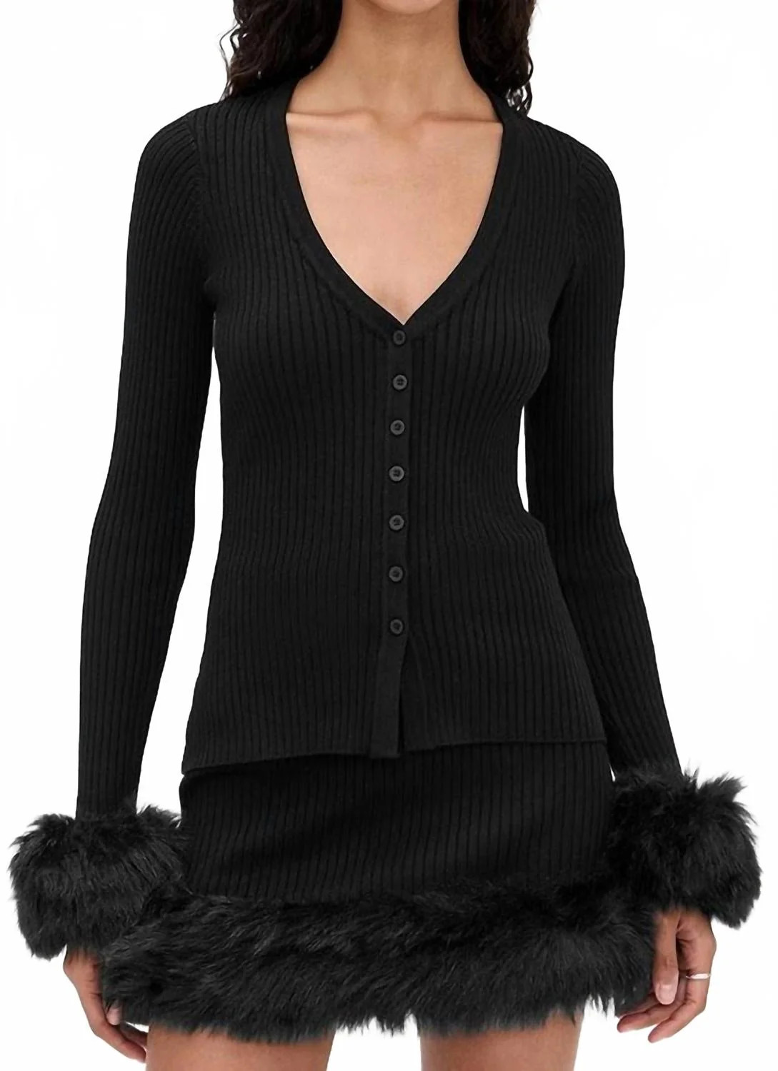 Sasha Long Sleeve Top In Black Knit With Faux Fur | Shop Simon