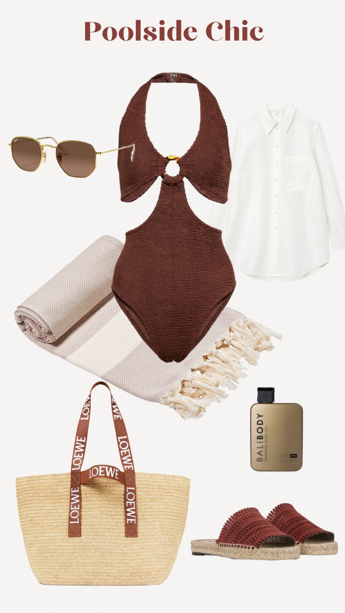Brown capsule for poolside outfit, with irreplaceable Hunza G swimsuit, Loewe bag in raphia, Ray Ban sunglasses and Cos white linen shirt. Outfits for the beach #raybansunglasses #hunzag #hunzagswimsuit #foutabeach #fouta #loewebag #loeweraphia #balibody #whitelinenshirt #chemiseenlin #chemiseoversize #oversizeshirt #oversizewhiteshirt

#LTKeurope #LTKSeasonal #LTKswim