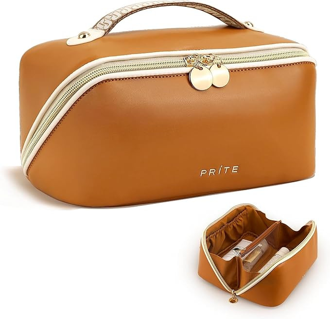 Prite Makeup Bag for Women Travel Waterproof Vegan Leather Cosmetic Bag Open Flat Toiletry Bag Wi... | Amazon (US)