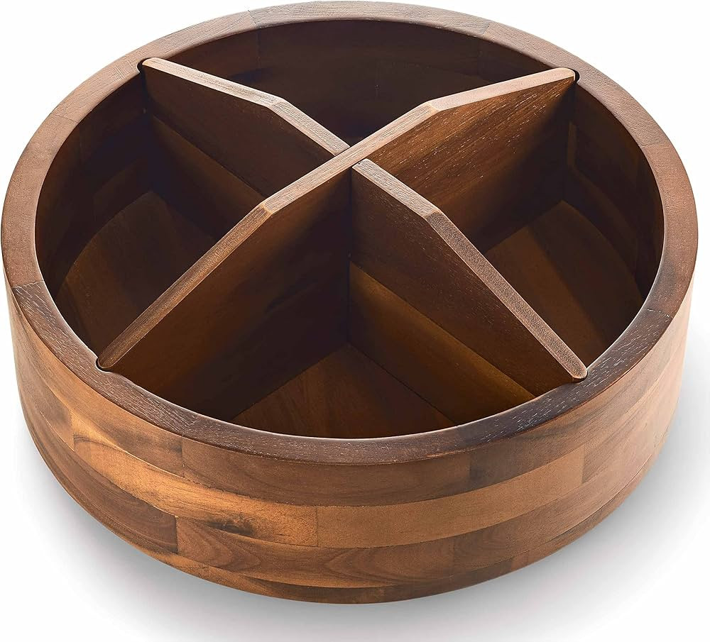 12" Acacia Wood Lazy Susan Organizer with 4 Dividers - Wooden Round Serving Turntable for Tableto... | Amazon (US)